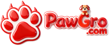 Red 3D paw print logo for PawGro.com with white outline; brown-white puppy figurine on 'o' in 'PawGro'; light pink background with 'PawGro.com' text.