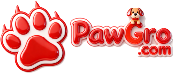 Red 3D paw print logo for PawGro.com with white outline; brown-white puppy figurine on 'o' in 'PawGro'; light pink background with 'PawGro.com' text.