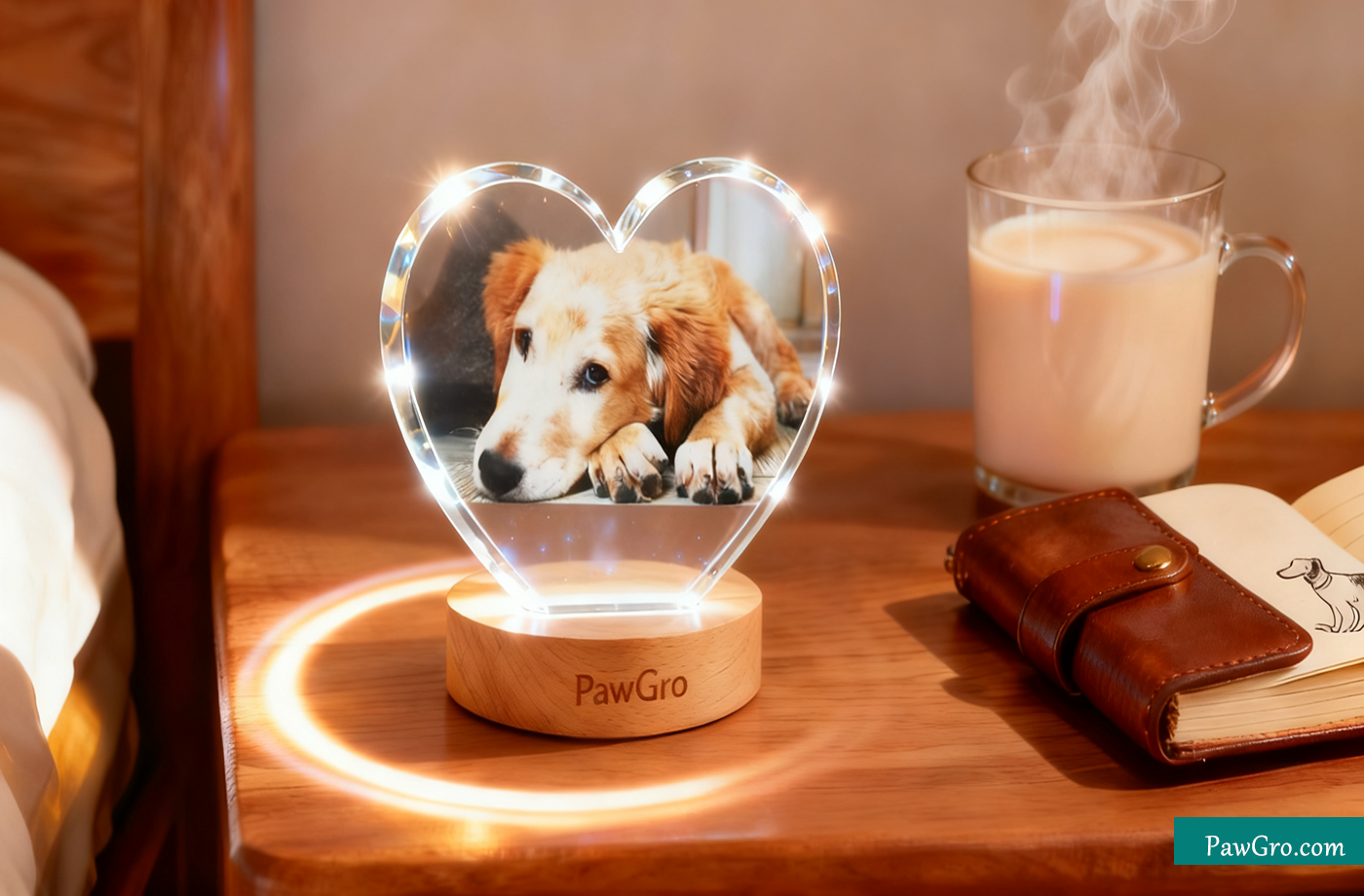 PawGro Pet Memory Ball, blue night light mode, wooden bedside table, pet diary and hot milk close-up, tech-inspired pet keepsake, safe material design