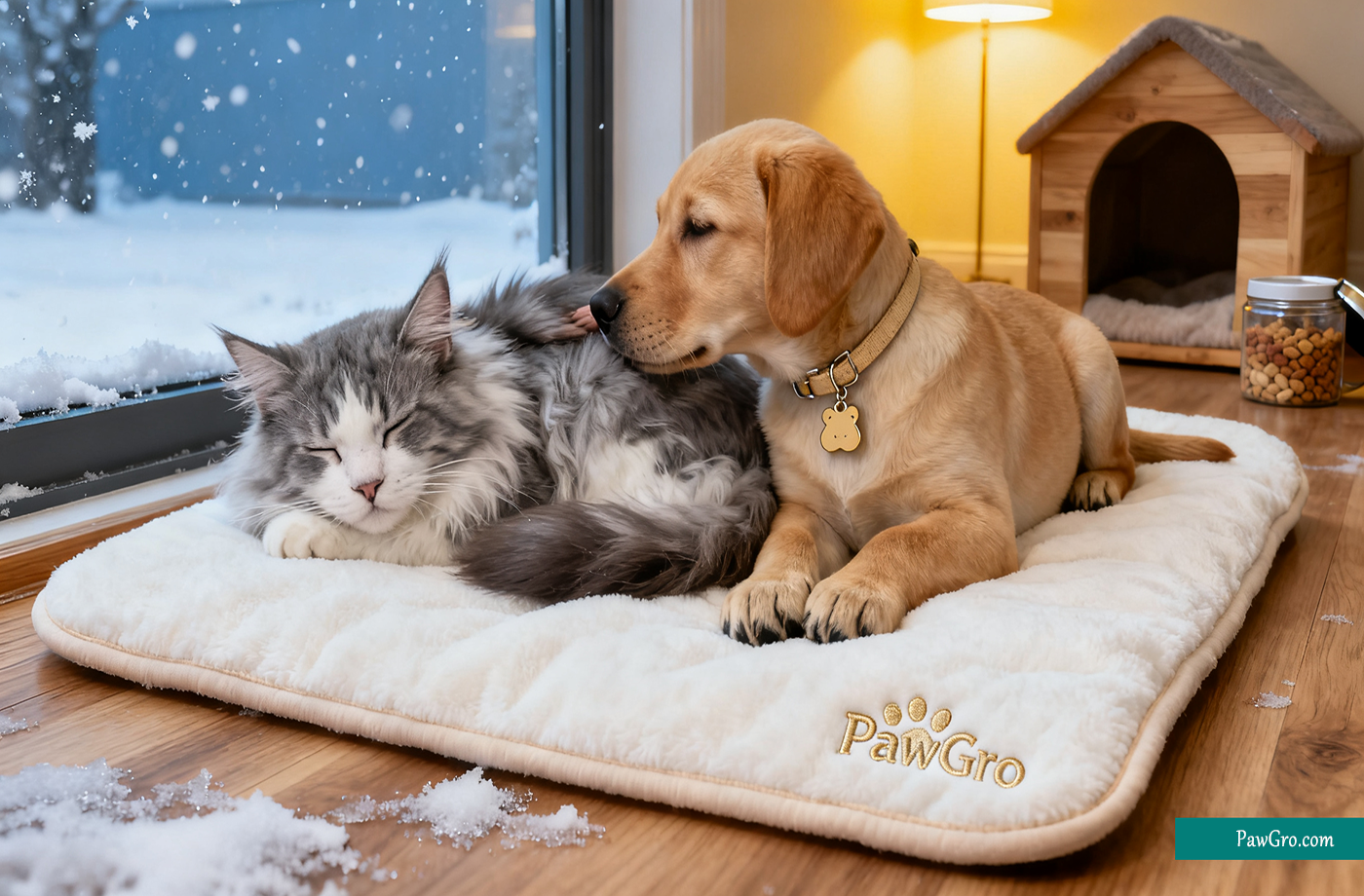 Golden retriever puppy and Maine coon cat snuggling on a PawGro heated pet bed, winter indoor scene with snow outside