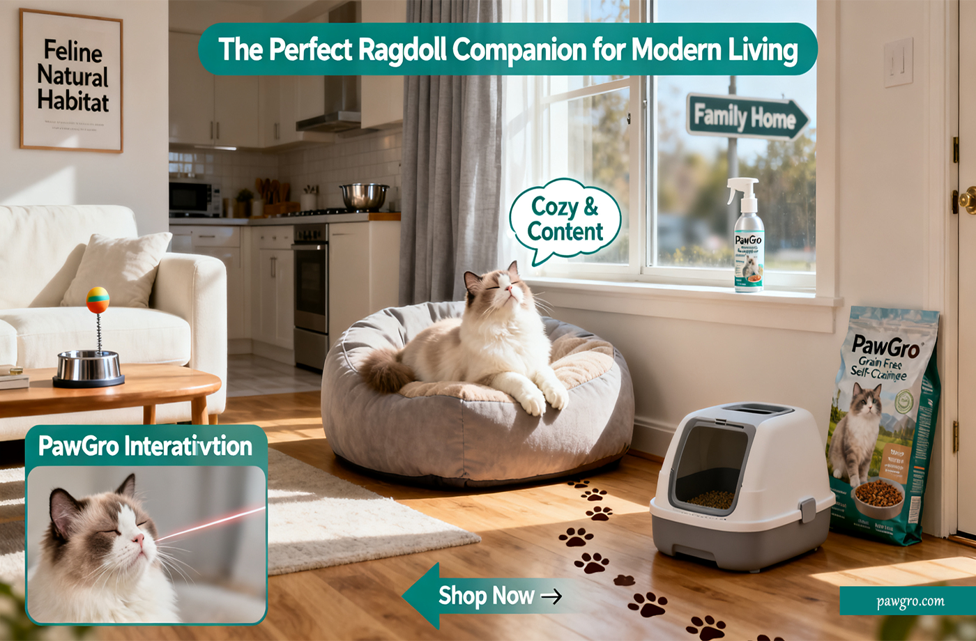 A cozy Ragdoll cat rests in a window cat bed within a modern living room. Wall art reads 'Feline Natural Habitat'; nearby PawGro products include an interactive laser toy ('PawGro Interaction'), grain-free cat food, self-clean litter box, and catnip spray. Top banner: 'The Perfect Ragdoll Companion for Modern Living'; bottom CTA: 'Shop Now → pawgro.com'. Showcases Ragdoll-appropriate pet care essentials.