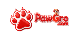 Red 3D paw print logo for PawGro.com with white outline; brown-white puppy figurine on 'o' in 'PawGro'; light pink background with 'PawGro.com' text