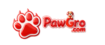 Red 3D paw print logo for PawGro.com with white outline; brown-white puppy figurine on 'o' in 'PawGro'; light pink background with 'PawGro.com' text